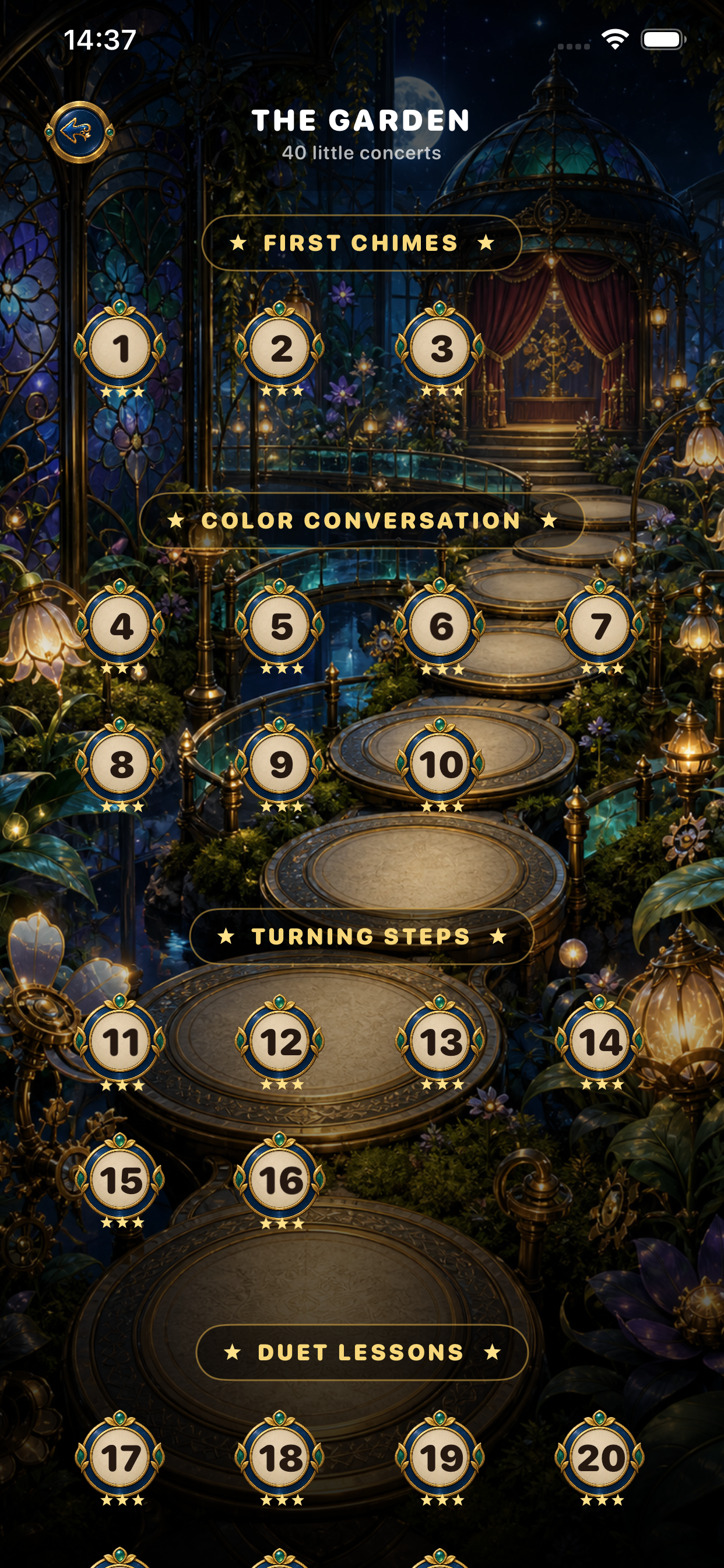 Level map of the garden with hand-crafted puzzle chapters